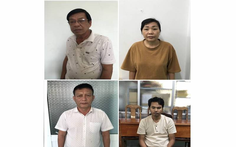 Từ trái qua phải, các đối tượng: Đào Ngọc Cảnh, Hoàng Thị Tâm, Ngô Văn Trọng và Vũ Văn Quý. (Ảnh: Công an An Giang cung cấp)