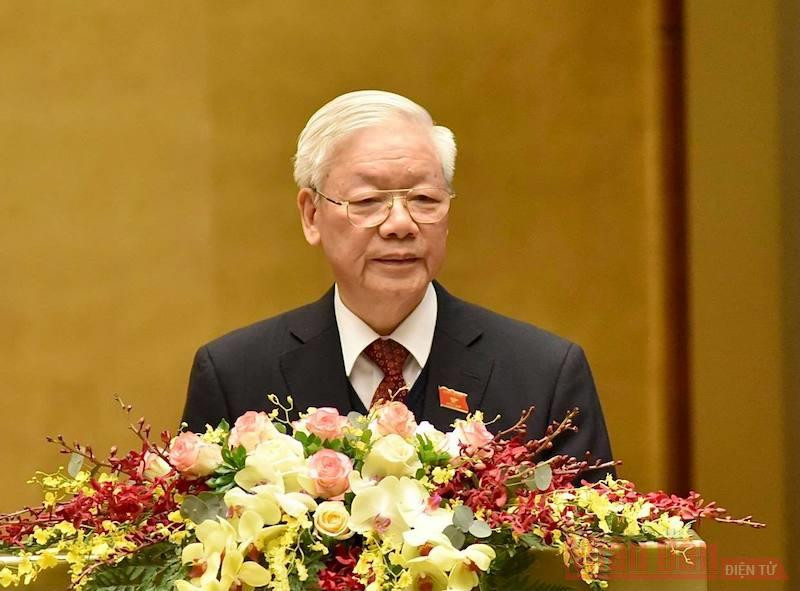 Tổng Bí thư, Chủ tịch nước Nguyễn Phú Trọng trình bày Báo cáo tóm tắt Tổng kết công tác nhiệm kỳ 2016-2021 của Chủ tịch nước, sáng 24-3. (Ảnh: TRẦN HẢI)