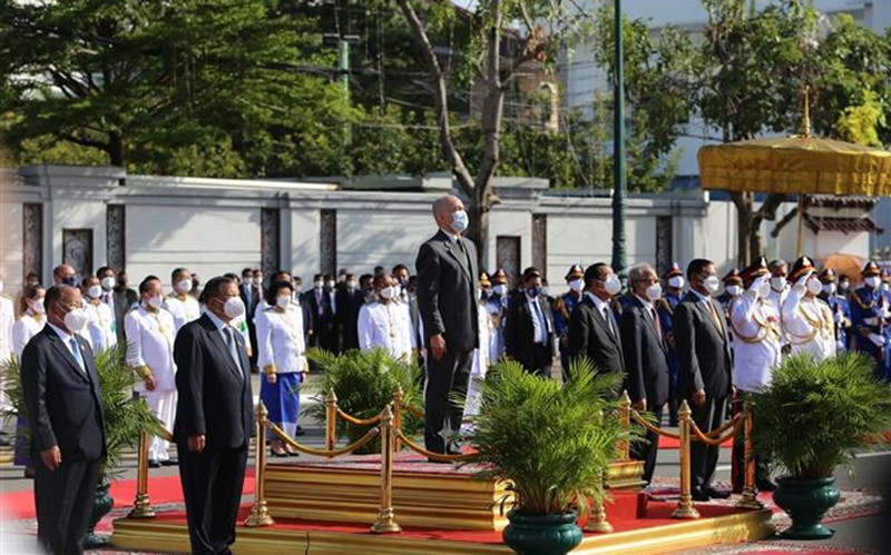 Sáng 9/11, Campuchia tổ chức Lễ kỷ niệm 68 năm Ngày Độc lập (9/11/1953 - 9/11/2021) dưới sự chủ trì của Quốc vương Campuchia Norodom Sihamoni. (Ảnh: TTXVN)