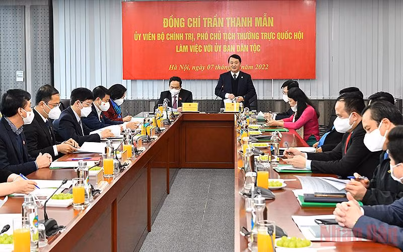Toàn cảnh buổi làm việc tại trụ sở Ủy ban Dân tộc. (Ảnh: Thủy Nguyên)