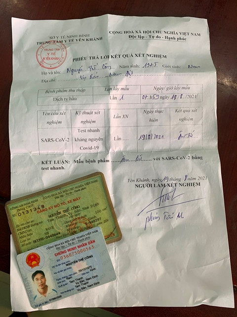 Phiếu trả lời kết quả xét nghiệm của anh Nguyễn Thế Công bị sửa, gây khó khăn cho công tác phòng, chống dịch Covid-19. Mượn giấy xác nhận tiêm, sửa phiếu xét nghiệm Covid-19 để qua chốt kiểm dịch -0