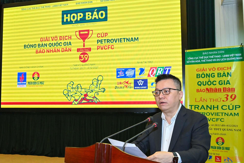 Tổng Biên tập Báo Nhân Dân Lê Quốc Minh phát biểu tại buổi họp báo. (Ảnh: Duy Linh) Họp báo Giải vô địch bóng bàn toàn quốc Báo Nhân Dân lần thứ 39 -0