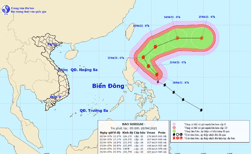 Vị trí và hướng di chuyển của bão Surigae. (Nguồn: nchmf.gov.vn)