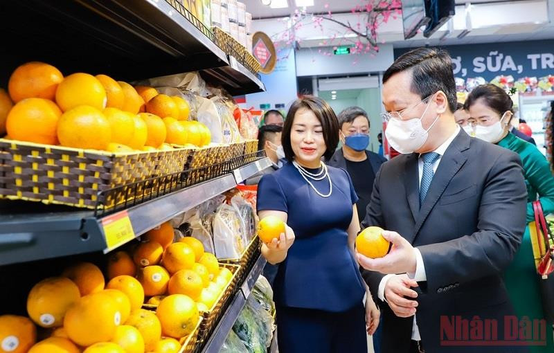 Các đại biểu tham quan gian hàng cam Vinh trong siêu thị Winmart Vinh. (Ảnh: Phạm Bằng) Khai mạc Tuần lễ cam, đặc sản Nghệ An và khánh thành Siêu thị Winmart Vinh -0