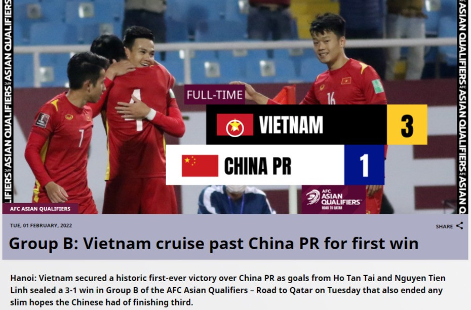Bài đăng trên trang chủ của AFC về chiến thắng lịch sử của đội tuyển Việt Nam trước Trung Quốc. Truyền thông khu vực ấn tượng với chiến thắng lịch sử của đội tuyển Việt Nam -0