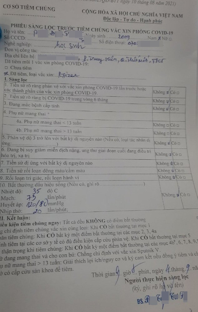 Thêm 1 phiếu sàng lọc trước tiêm của học sinh khác. Cần Thơ làm rõ thêm 57 trường hợp tiêm vaccine cho người dưới 18 tuổi ở Thốt Nốt -0