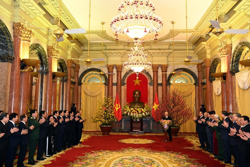 Quang cảnh buổi gặp mặt tại Phủ Chủ tịch. Tổng Bí thư, Chủ tịch nước Nguyễn Phú Trọng chúc Tết các đồng chí lãnh đạo, nguyên lãnh đạo Đảng, Nhà nước -0