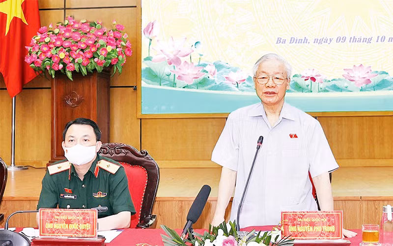Tổng Bí thư Nguyễn Phú Trọng phát biểu tại hội nghị tiếp xúc cử tri quận Ba Đình. Ảnh: TTXVN
