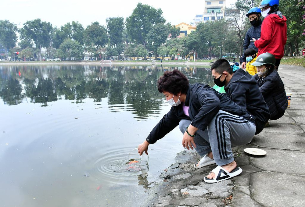 Tại hồ Thiền Quang, người dân xuống sát mép hồ thả cá. Có người vừa xách túi cá, vừa lẩm bẩm khấn vái, cầu mong những điều tốt lành cho bản thân và gia đình. Người dân Hà Nội thả cá chép tiễn ông Táo về trời -0