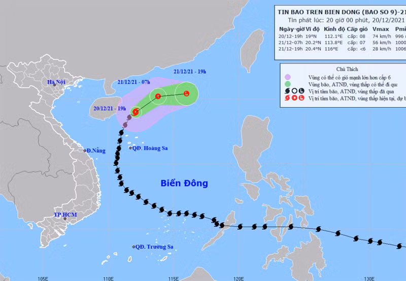 Vị trí và hướng di chuyển của bão số 9 lúc 20 giờ ngày 20/12. (Nguồn: nchmf.gov.vn)