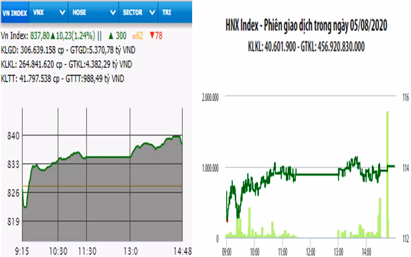 Diễn biến VN-Index và HNX-Index, phiên giao dịch ngày 5-8. 