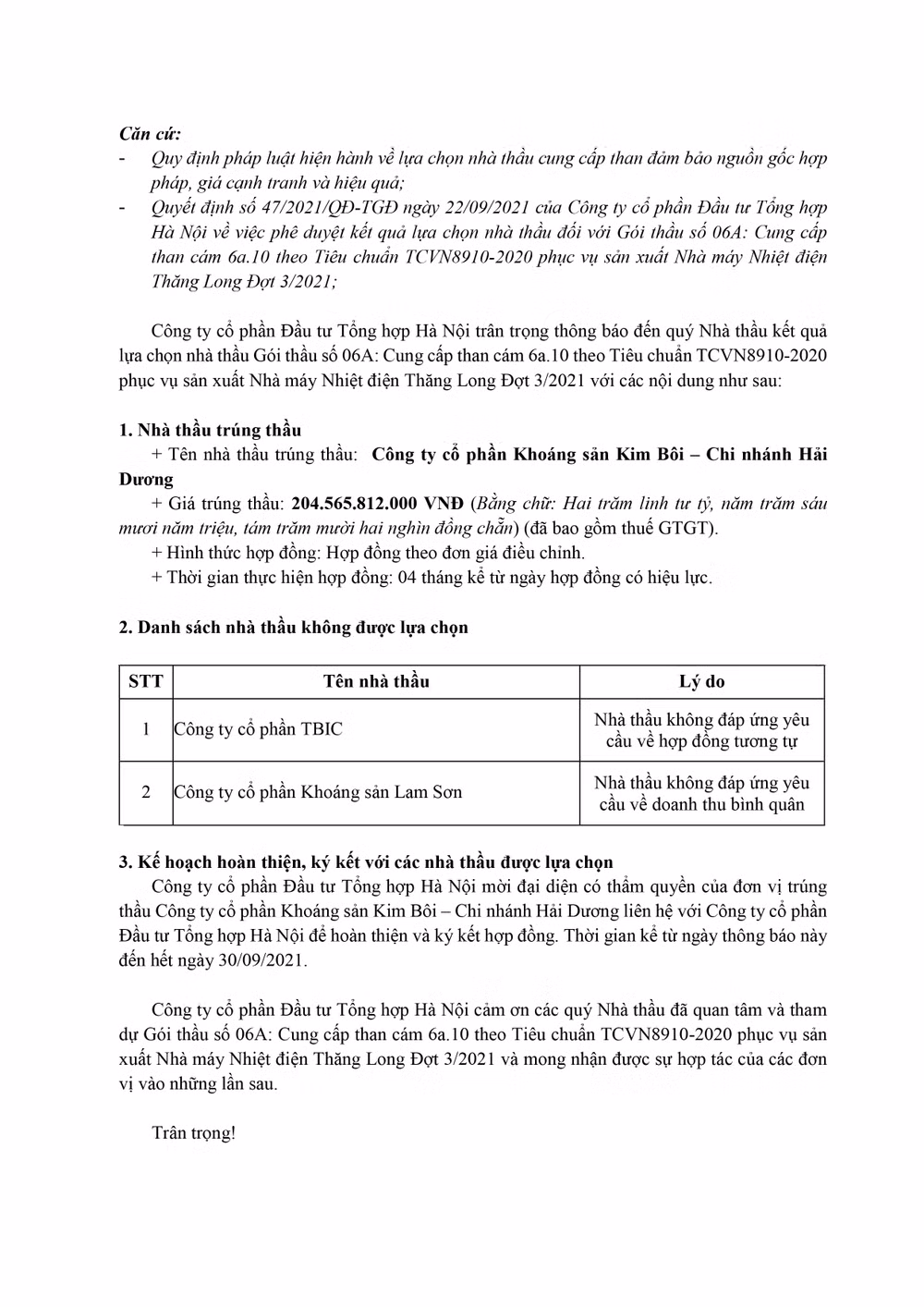 Thông báo kết quả lựa chọn nhà thầu -0