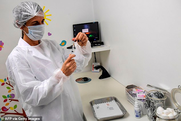 Bác sĩ nhi khoa, Tiến sĩ Monica Levi, người đã tiêm thử nghiệm vaccine Covid-19, đang làm việc tại Phòng khám chuyên khoa về Truyền nhiễm và Bệnh ký sinh trùng và chích ngừa ở Sao Paulo, Brazil ngày 24-7. Ảnh: Getty Images.