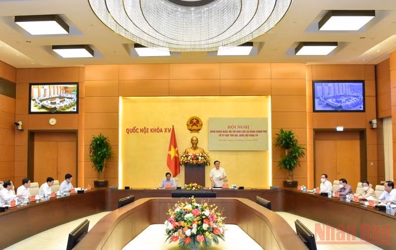 Hội nghị giữa Đảng đoàn Quốc hội và Ban Cán sự Đảng Chính phủ về việc chuẩn bị Kỳ họp thứ hai, Quốc hội Khóa XV. (Ảnh: Duy Linh)
