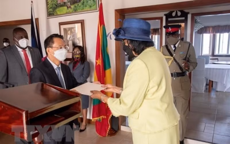 Đại sứ Lê Viết Duyên trình Quốc thư lên Tổng Toàn quyền Grenada, bà Cecile La Grenade. (Ảnh: TTXVN phát)