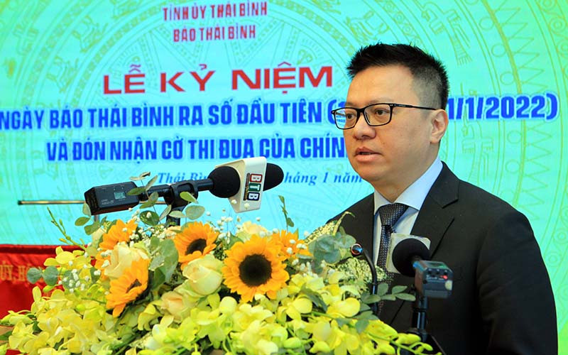 Đồng chí Lê Quốc Minh, Ủy viên Trung ương Đảng, Phó Trưởng Ban Tuyên giáo Trung ương, Tổng Biên tập Báo Nhân Dân, Chủ tịch Hội Nhà báo Việt Nam phát biểu tại Lễ kỷ niệm. Xứng đáng là cơ quan báo chí chủ lực của Đảng bộ, chính quyền và nhân dân tỉnh Thái Bình -0