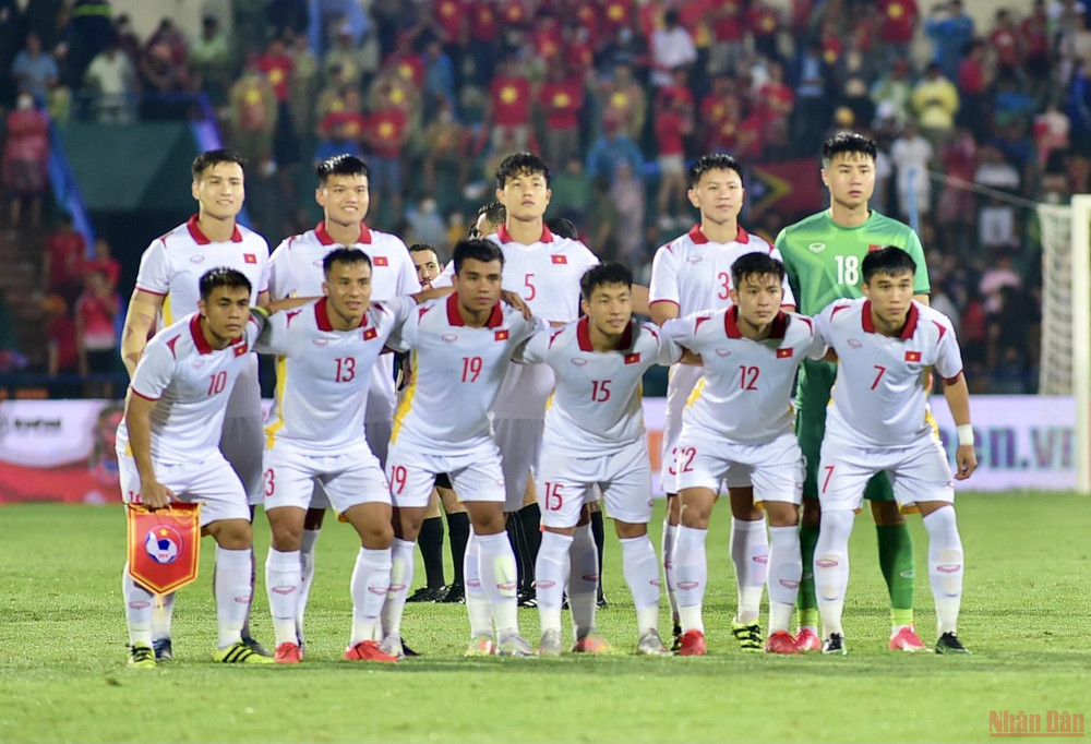 Đội hình ra sân của U23 Việt Nam. (Ảnh: TRẦN HẢI) U23 Việt Nam 2-0 U23 Timor-Leste (Hiệp 2): Hồ Thanh Minh nhân đôi cách biệt -0