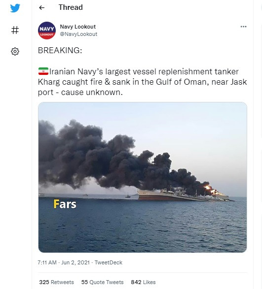 Bức ảnh được chia sẻ trên Twitter vào tháng 6/2021. Bức ảnh tàu hải quân Iran bốc cháy năm 2021 bị chú thích sai thành soái hạm Moskva của Nga -0