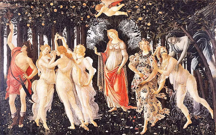 La Primavera, Sandro Botticelli, tempera trên ván gỗ, 3.14×2.03 m, Bảo tàng Mỹ thuật Uffizi, thành phố Firenze (Florence), Italia.