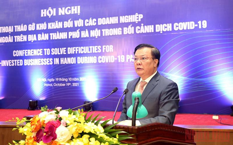 Bí thư Thành ủy Hà Nội Đinh Tiến Dũng phát biểu khai mạc Hội nghị. Hà Nội đối thoại tháo gỡ khó khăn cho doanh nghiệp FDI -0