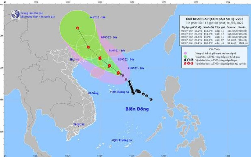 Dự báo vị trí và hướng di chuyển của bão số 1. (Nguồn: Trung tâm Dự báo khí tượng thủy văn quốc gia)