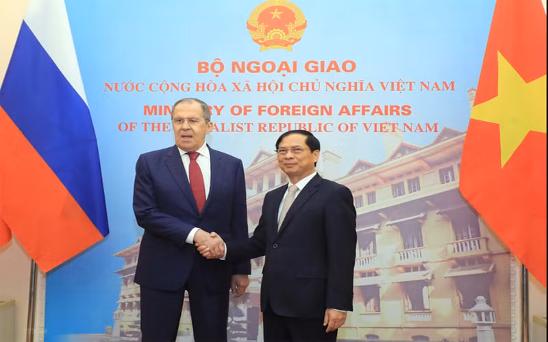 Bộ trưởng Ngoại giao Bùi Thanh Sơn chụp ảnh chung với Bộ trưởng Ngoại giao Nga Sergey Lavrov. (Ảnh: TTXVN)
