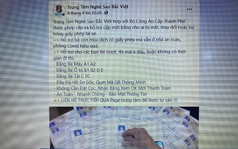 Quảng cáo bán bằng trên tài khoản "Trung Tâm Nghề Sao Bắc Việt". Rao bán bằng lái không cần thi – Công khai vi phạm pháp luật -0