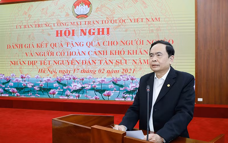 Đồng chí Trần Thanh Mẫn, Ủy viên Bộ Chính trị, Chủ tịch UBTƯ MTTQ Việt Nam phát biểu tại hội nghị.