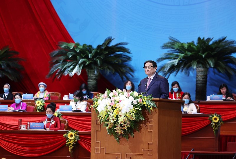 Thủ tướng Phạm Minh Chính phát biểu ý kiến tại Đại hội. (Ảnh: TTXVN) Xây dựng xã hội tốt đẹp trên nền tảng tôn trọng, tôn vinh, chăm lo, bảo vệ phụ nữ -0