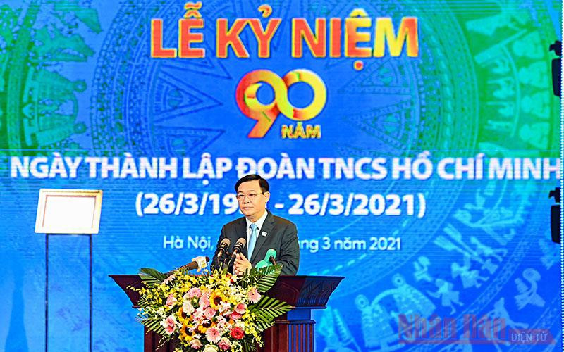 Bí thư Thành ủy Hà Nội Vương Đình Huệ phát biểu tại lễ kỷ niệm. Thành đoàn Hà Nội đón nhận Huân chương Lao động hạng Nhất -0