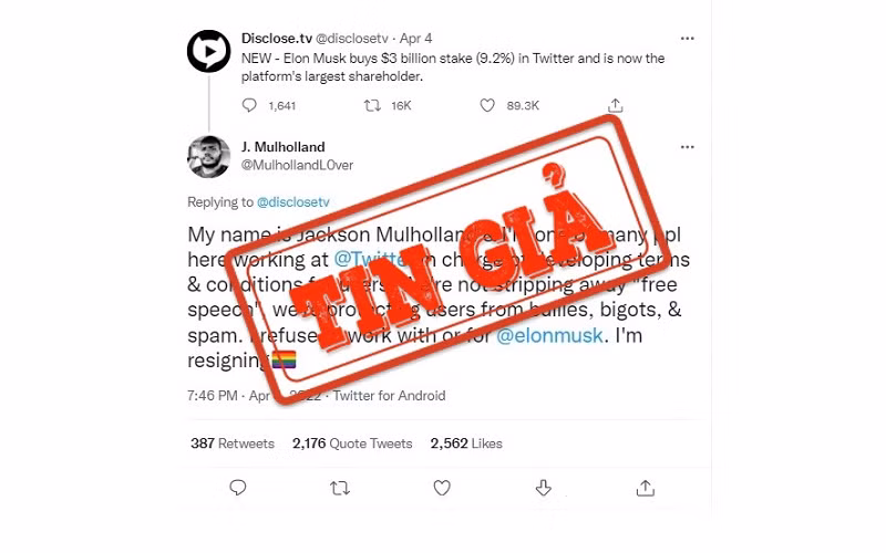 Ảnh chụp màn hình dòng tweet đăng nội dung châm biếm về khoản đầu tư của tỷ phú Elon Musk tại Twitter.