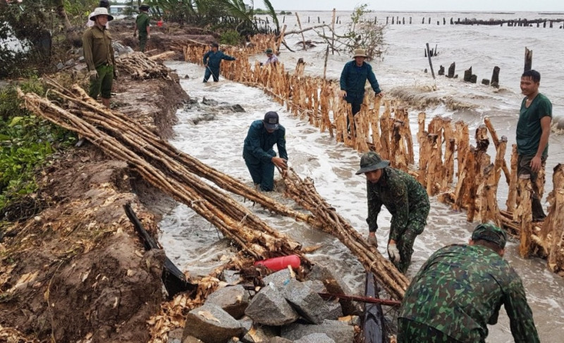 Công nhân đang gia cố tuyến đê quốc phòng đoạn thuộc huyện Vân Khánh, huyện An Minh (Kiên Giang). (Ảnh: VIỆT TIẾN) Khắc phục sạt lở đất ở vùng châu thổ Cửu Long (Bài 2) -0