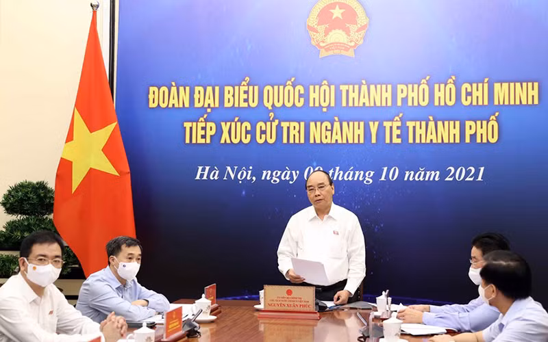 Chủ tịch nước Nguyễn Xuân Phúc phát biểu tại điểm cầu Hà Nội. (Ảnh: TTXVN)