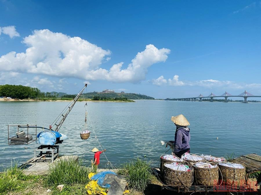 Cẩu trứng vịt qua sông. Mỗi ngày chị Phượng lượm từ 3.000-4.000 trứng vịt. Tất cả được sắp gọn trong thúng tre và đưa lên ghe. Khi đến gần bờ, thúng trứng được móc vào cẩu trục, anh Cường tay quay dây điều khiển các thúng trứng đưa lên bờ một cách thành thục. Quảng Ngãi: “Du mục” giữa lòng phố -0