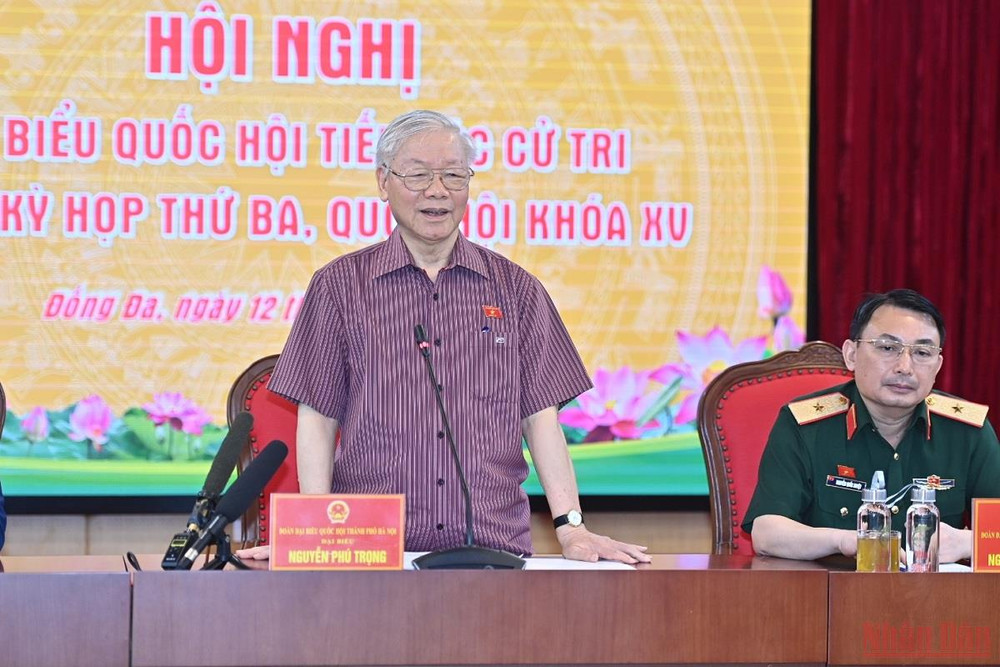 Tổng Bí thư Nguyễn Phú Trọng phát biểu tại buổi tiếp xúc cử tri đơn vị bầu cử số 1, thành phố Hà Nội. Hình ảnh Tổng Bí thư Nguyễn Phú Trọng tiếp xúc cử tri Thành phố Hà Nội -0