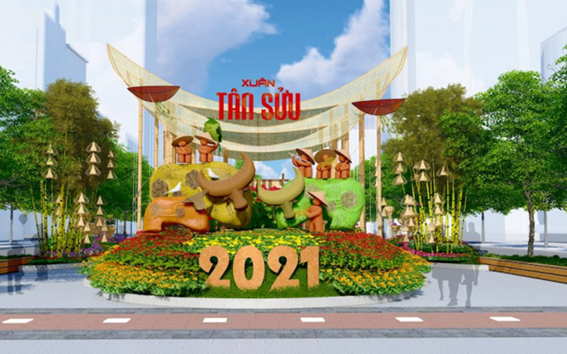 Phối cảnh linh vật của năm Tân Sửu tại Đường hoa Nguyễn Huệ. (Ảnh: HCMCPV) Phong phú các hoạt động đón Tết Tân Sửu -0