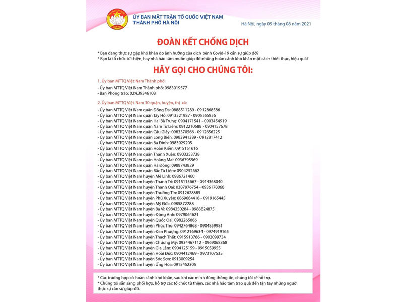 Fanpage “Đoàn kết chống dịch” và các số điện thoại “Hotline’’. Hà Nội khởi động chương trình “Đoàn kết vượt dịch” -0