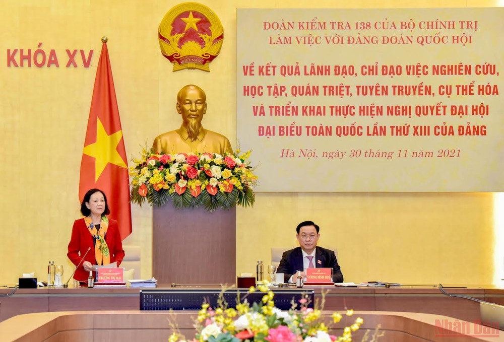 Đồng chí Trương Thị Mai, Ủy viên Bộ Chính trị, Bí thư Trung ương Đảng, Trưởng Ban Tổ chức Trung ương phát biểu tại buổi làm việc. (Ảnh: Duy Linh) Đoàn kiểm tra của Bộ Chính trị làm việc với Đảng đoàn Quốc hội -0