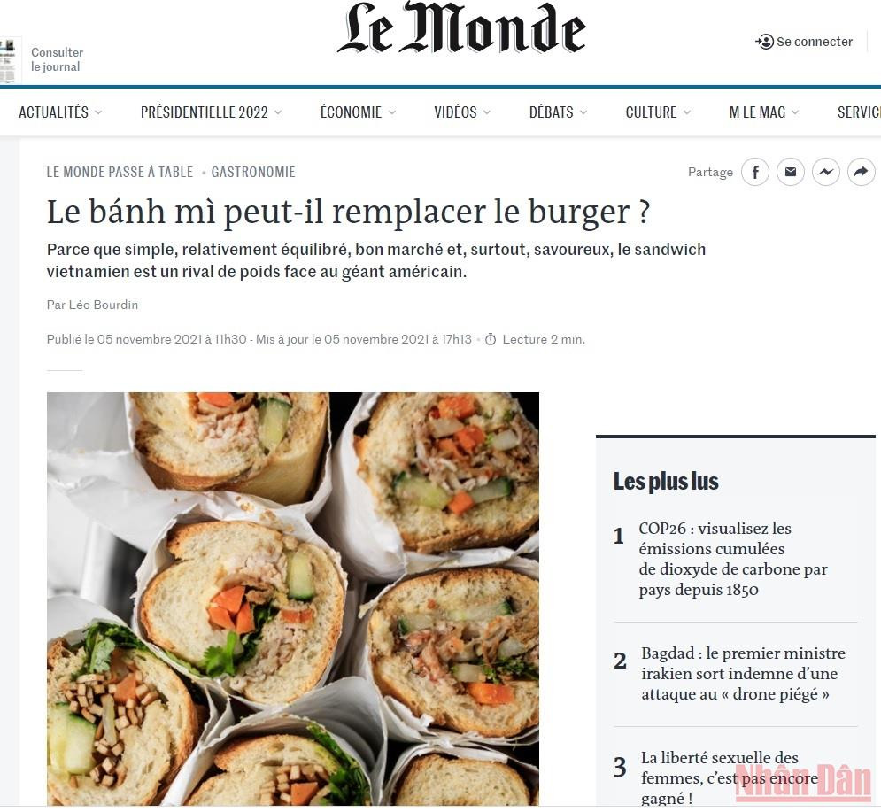 Hình ảnh "Bánh mì" Việt Nam trên báo Le Monde. (Ảnh chụp màn hình: HOÀNG LINH) “Bánh mì” Việt Nam, đối thủ đáng gờm của bánh “burger” Mỹ -0