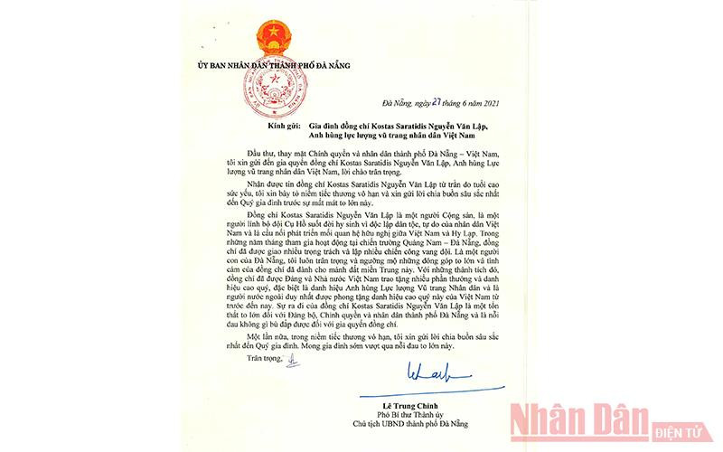 Đà Nẵng gửi thư chia buồn tới gia đình ông Kostas Sarantidis Nguyễn Văn Lập