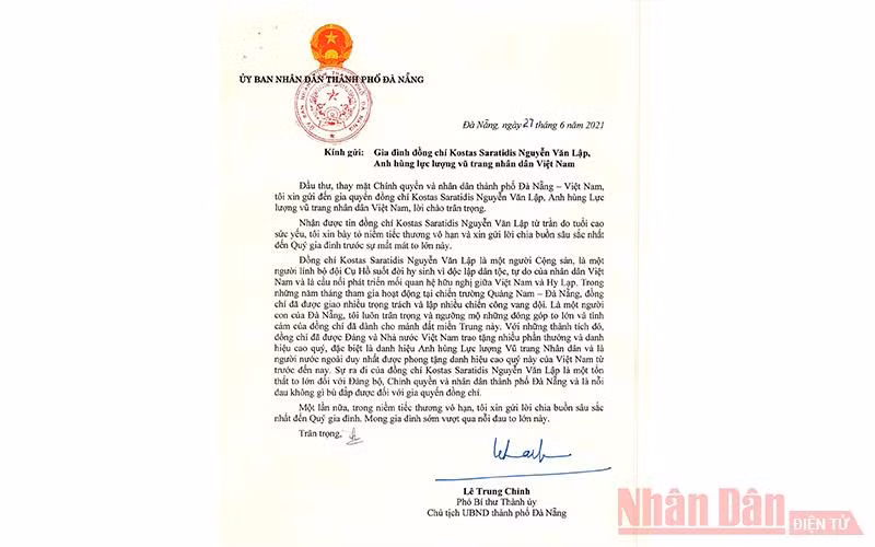 Đà Nẵng gửi thư chia buồn tới gia đình ông Kostas Sarantidis Nguyễn Văn Lập
