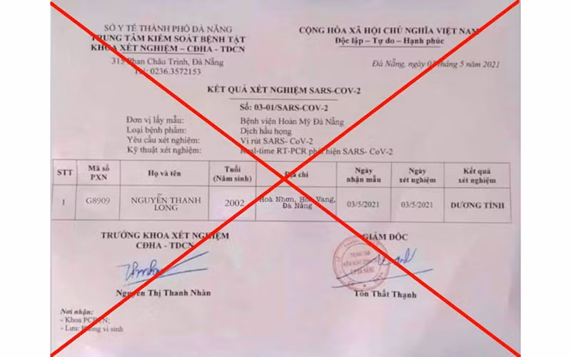 Giấy kết quả xét nghiệm giả được đăng tải lên mạng xã hội.