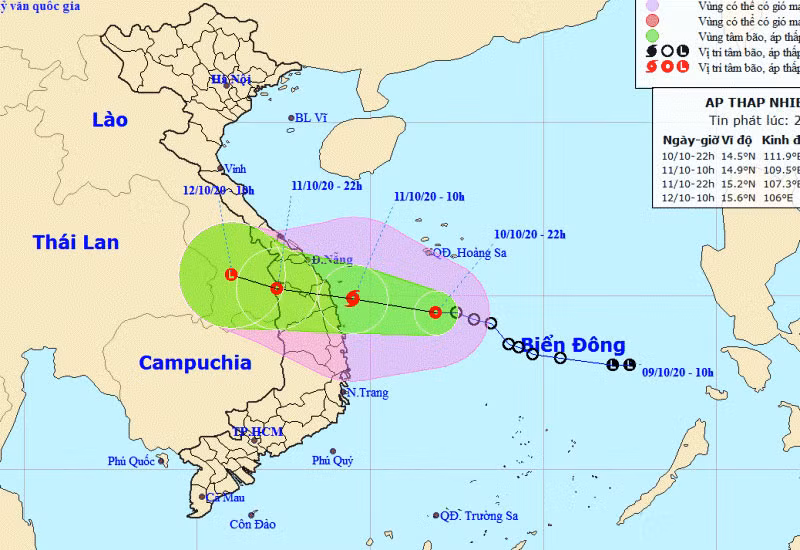 Vị trí và hướng di chuyển của áp thấp nhiệt đới. (Nguồn: kttv.gov.vn)