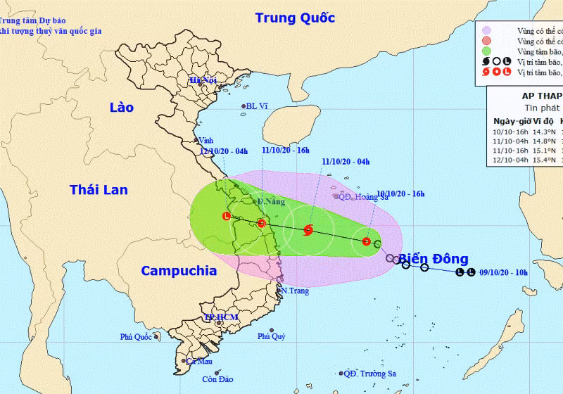 Vị trí và hướng di chuyển của áp thấp nhiệt đới. (Nguồn: kttv.gov.vn)