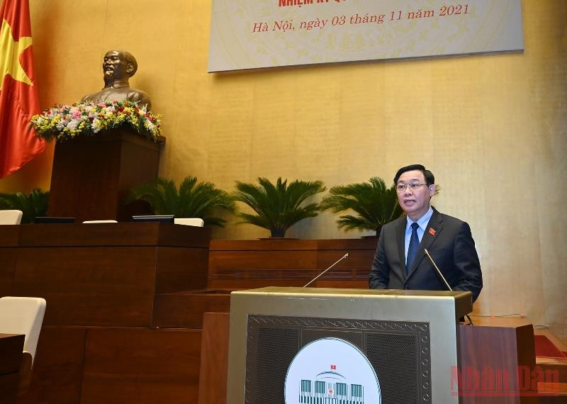 Chủ tịch Quốc hội Vương Đình Huệ phát biểu bế mạc Hội nghị trực tuyến toàn quốc ''Triển khai thực hiện Kết luận của Bộ Chính trị về định hướng Chương trình Xây dựng pháp luật nhiệm kỳ Quốc hội khóa XV”. 10 sự kiện tiêu biểu của Quốc hội Việt Nam năm 2021 -0