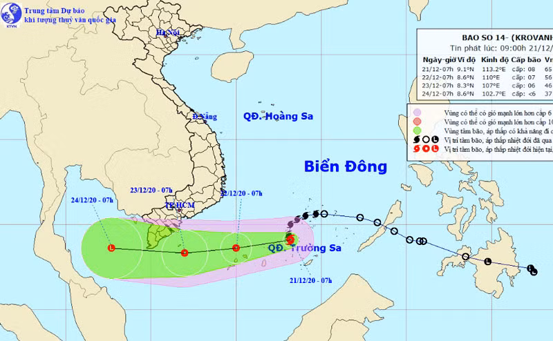 Vị trí và hướng di chuyển của bão số 14. (Nguồn: nchmf.gov.vn)