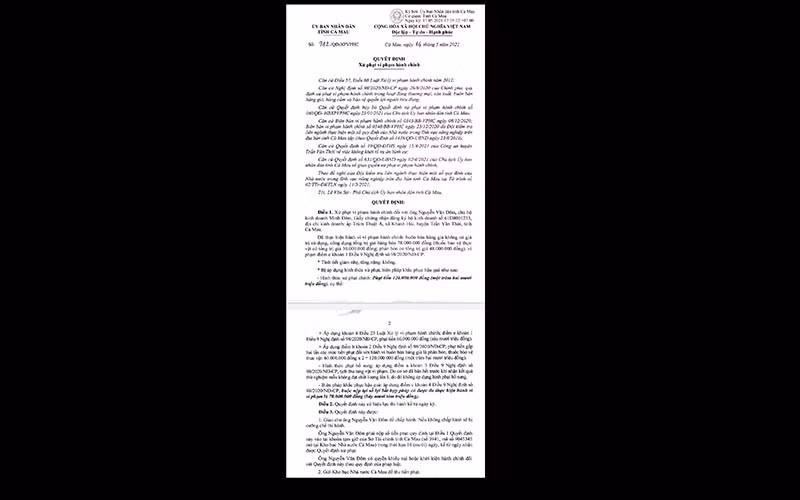 Quyết định xử phạt của UBND tỉnh Cà Mau đối với hộ kinh doanh Minh Đêm.