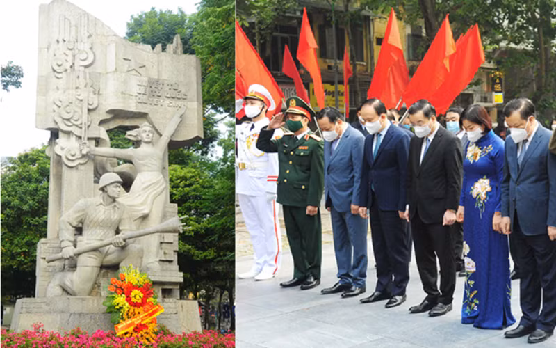 Lãnh đạo thành phố Hà Nội thành kính dâng hoa tại Tượng đài “Quyết tử để Tổ quốc quyết sinh”. (Ảnh: Duy Linh)