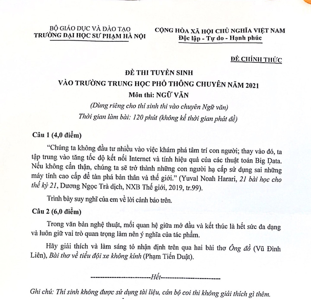 Đề Ngữ văn chuyên thi lớp 10 Trường chuyên đại học Sư phạm ảnh 1 Đề Ngữ văn chuyên thi lớp 10 Trường chuyên đại học Sư phạm -0