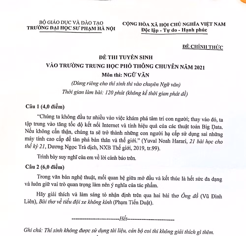 Đề Ngữ văn chuyên thi lớp 10 Trường chuyên đại học Sư phạm -0